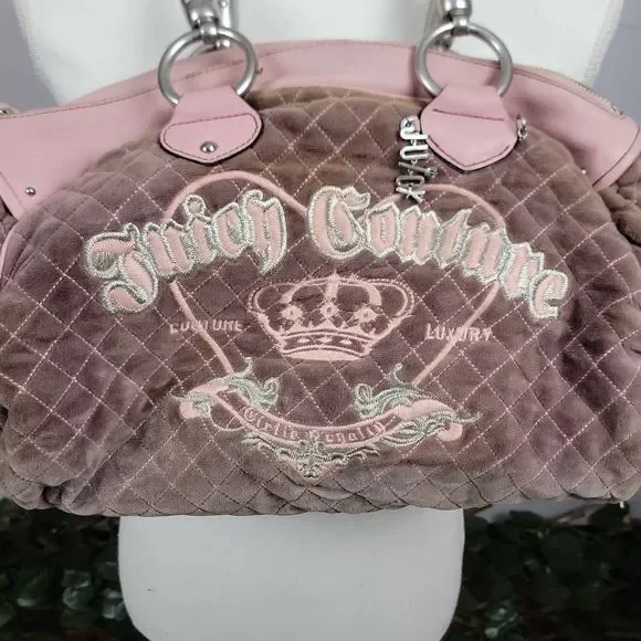 Vintage Rare Y2K Juicy Couture Purple Pink Quilted Velour Charm Bag - Picture 2 of 12